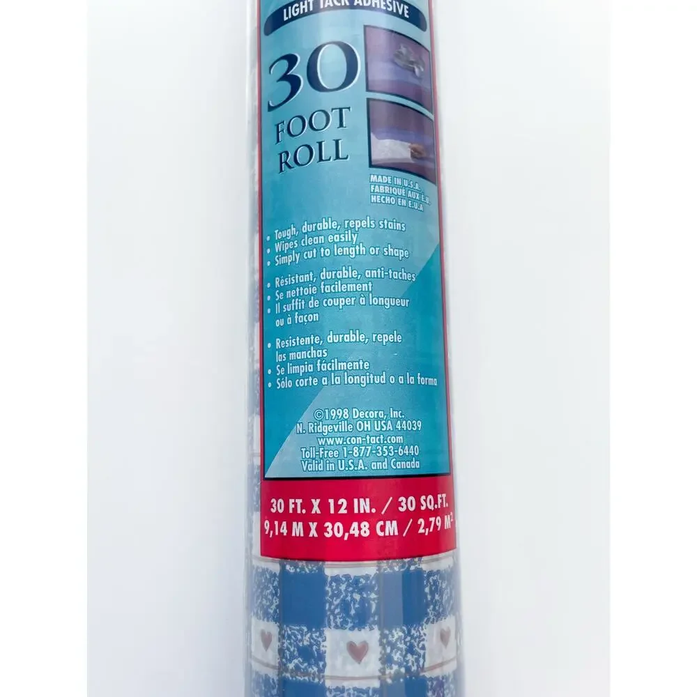 New Vintage 90s Con-Tact Shelf Liner Cottagecore Blue Gingham Hearts 30 Ft Roll